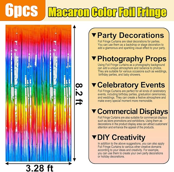 6 PackRainbow Foil Fringe Curtain Backdrop, 3.28Ft x 8.2Ft Metallic Tinsel Foil - Image 2