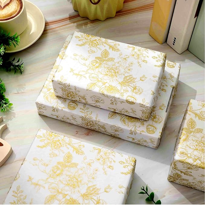 JarThenaAMCS 100 Sheets Floral Tissue Paper Gold Flower Gift Wrapping Paper - Image 4