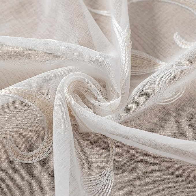 VISIONTEX White Sheer Voile Curtains, Decorative Leaves Embroidery Faux Linen - Image 4