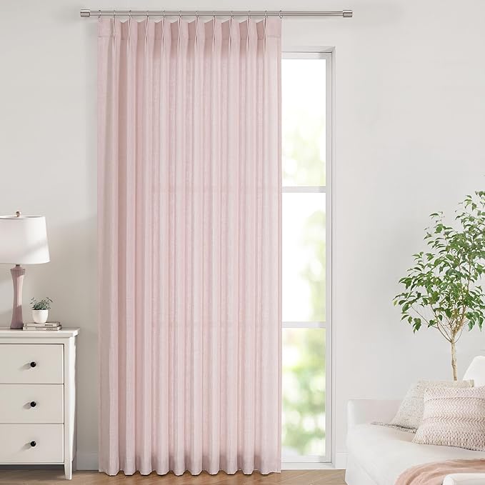 Vision Home Soft Pink Pinch Pleated Semi Sheer Curtains Textured Linen Blended by VisionHome
