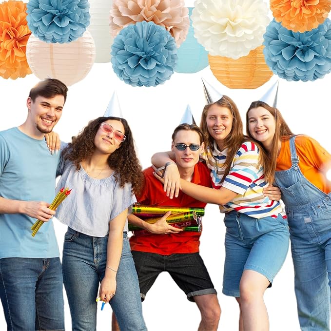 Dusty-Blue Orange Party-Decorations Paper-Flowers Lanterns - Image 4