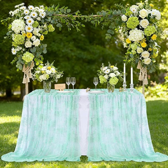 LuoluoHouse Green Lace Tablecloth 6pcs Table Fabric 60x120 Inch - Image 2