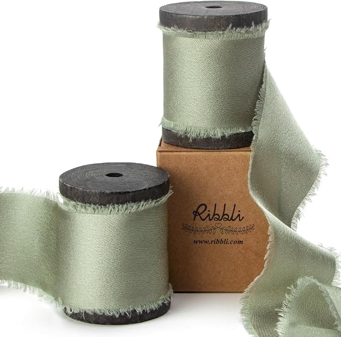 Ribbli Dusty Sage Green Silk Satin Ribbon 1.5 Inch x 12 Yard Handmade Frayed by Ribbli