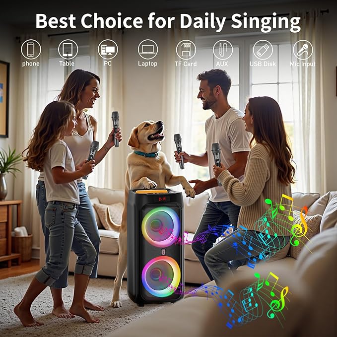 JYX Karaoke Machine with 2 Wireless Microphones, Support TWS/USB/AUX/TF Card/REC - Image 8