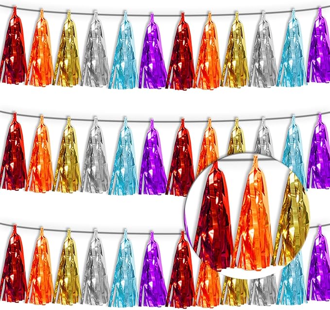 3P Lake Blue Orange-Red-Gold-Silver-Purple Metallic Fringe Tassel Banner by Xuuf