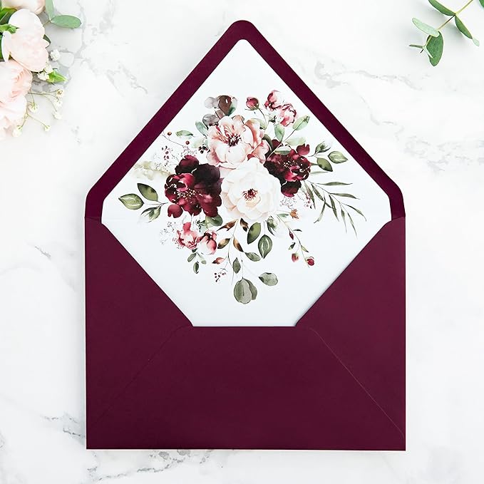 PONATIA 50PCS A7 Euro Flap Envelopes, 5.25 x 7.25'' Burgundy Flowers Liner - Image 3