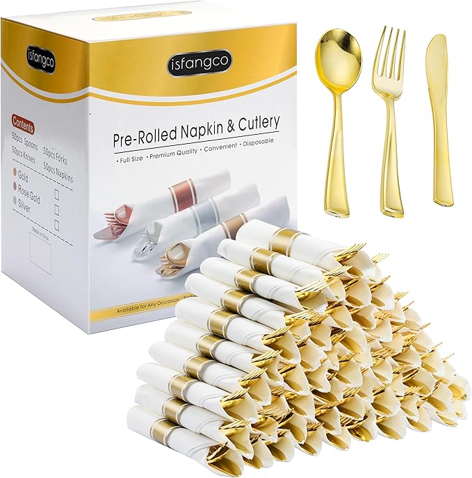 50 Pack Pre Rolled Gold Plastic Silverware Set by ISFANGCO