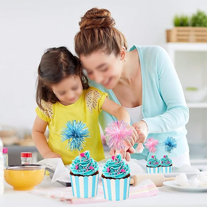 Ephlyn 30Pcs Foil Firework Cupcake Toppers Sparkle Tinsel Cupcake Picks Happy - Image 5