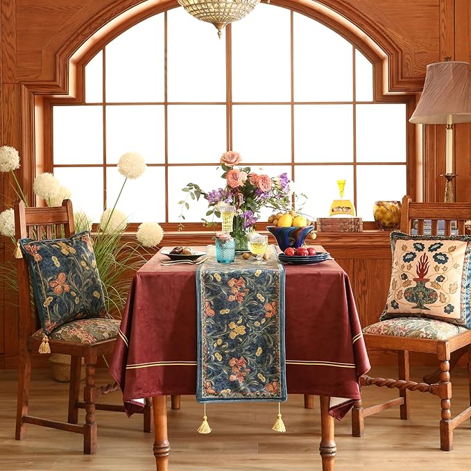 patdrea Designer Casual Wild Floral Velvet Table Runner 87 Inch Long, Dark Blue - Image 3
