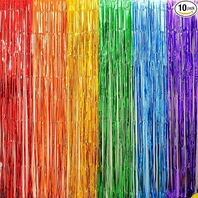 10 Pack Rainbow Backdrop Curtain 3.2ft x 8.2ft Metallic Tinsel Foil Fringe by Ohiyoo