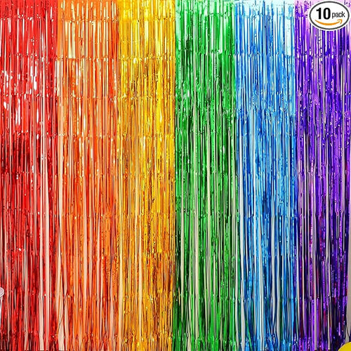 10 Pack Rainbow Backdrop Curtain 3.2ft x 8.2ft Metallic Tinsel Foil Fringe by Ohiyoo