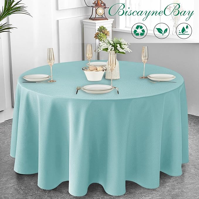 Biscaynebay Round Tablecloth 90 Inch-Auqa Blue Outdoor Fabric Table Cover-Small - Image 2