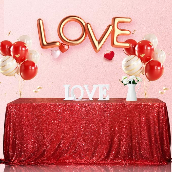 SquarePie Sequin Tablecloth 90 x 132 Inch Red Sparkly Table Linen - Image 2