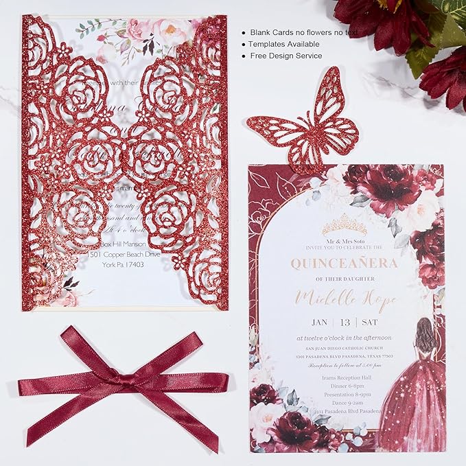 50pcs Burgundy Glitter Wedding Invitation Butterfly Rose Laser Cut Invitation - Image 4