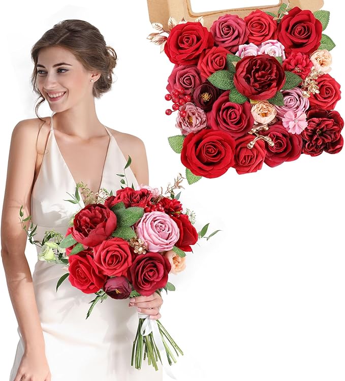 AmyHomie Red Artificial Flowers Combo Silk Mix Peony Rose Fake Flowers w/Stem - Image 7