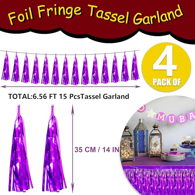 4P Purple Foil Fringe Tassel Banner Garland Metallic Tinsel Streamers Wall - Image 2