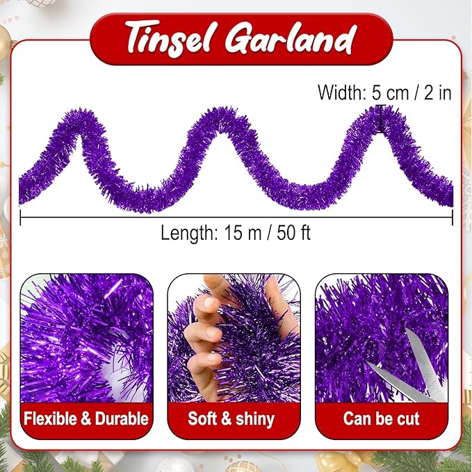 50 Feet Purple Christmas Tinsel Garland, Metallic Foil Twist Banner Wall - Image 2