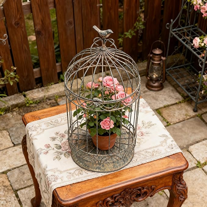 Rustic Farmhouse Metal Planter Holder Vintage Birdcage Distressed Deractive - Image 5