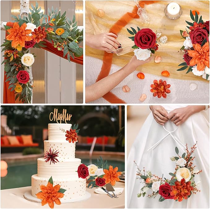AmyHomie Orange Artificial Flowers Combo Silk Mix Peony Rose Hydrangea Fake - Image 4