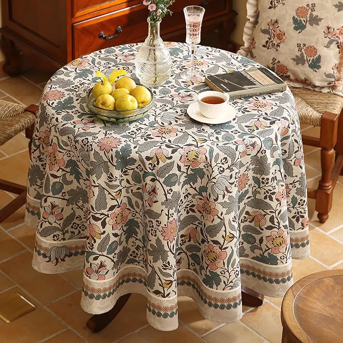 ISAENNE Designer Boho Floral Small Round Tablecloth, Linen Lotus Flower Pattern - Image 9