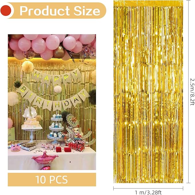 10 Pack Gold Backdrop Curtain 3.2ft x 8.2ft Metallic Tinsel Foil Fringe - Image 3