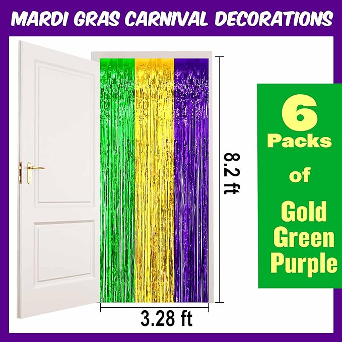 6 Pack Gold Green Purple Foil Fringe Curtains Backdrop, 3.28 x 8.2 Ft Metallic - Image 2