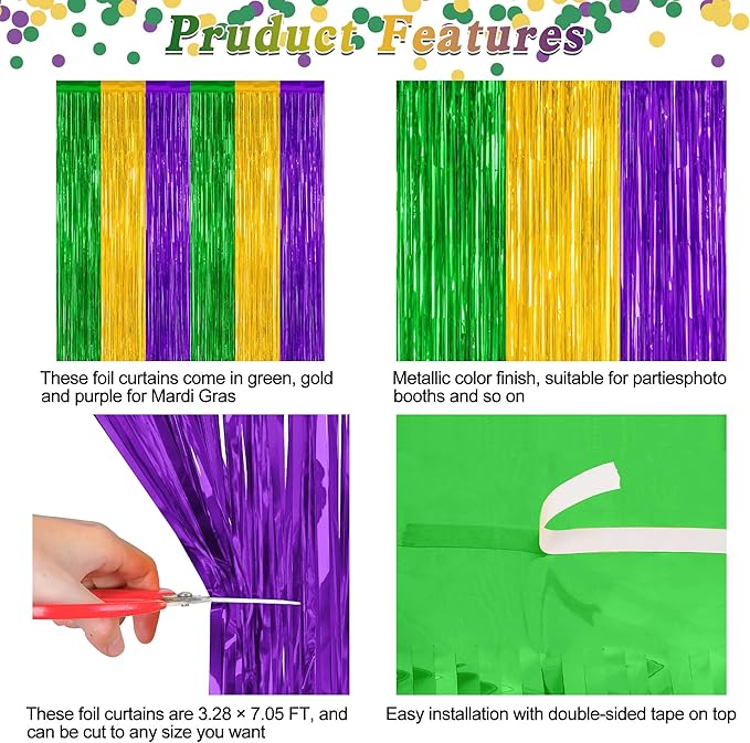 2 Pack Mardi Gras Tinsel Backdrop, 3.28 FT x 7.05 FT Metallic Fringe Curtain - Image 4