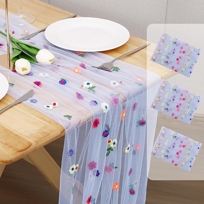 3PCS Blue Floral Table Runner 10 FT, Embroidery Daisy Table Runners Seasonal by Hugestar