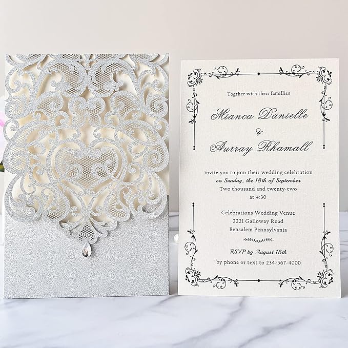Hosmsua 5.12 x 7.3 Inch 50pcs Silver Laser Cut Lace Flora Wedding Invitation - Image 3