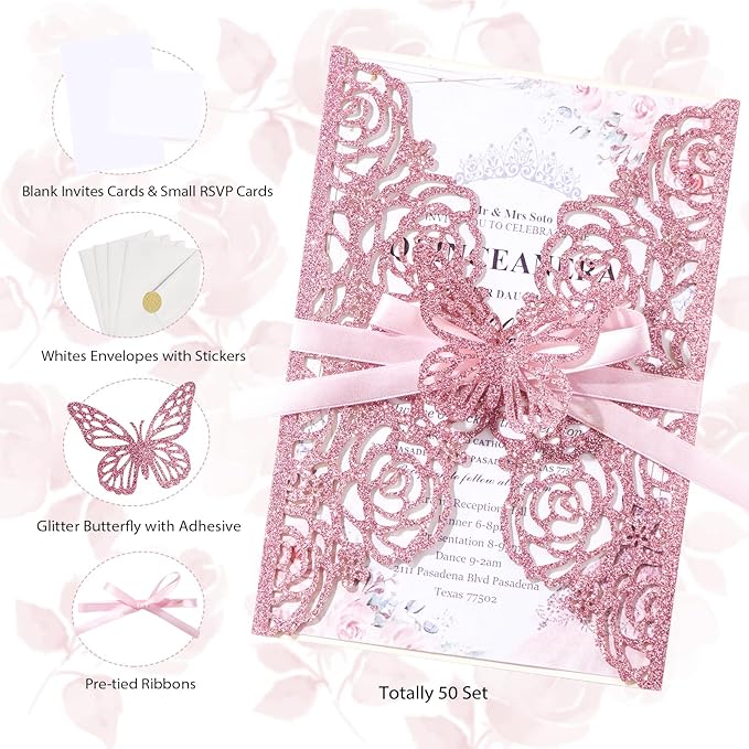 50PCS Pink Wedding Invitations Butterfly Laser Cut Invitation - Image 2