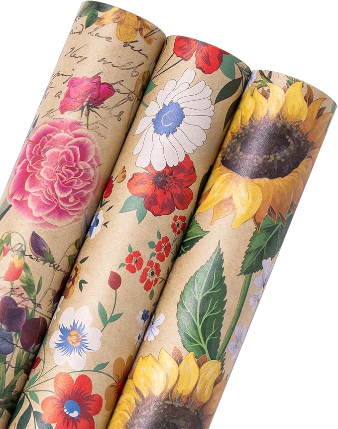 WRAPAHOLIC Kraft Floral Wrapping Paper by WRAPAHOLIC