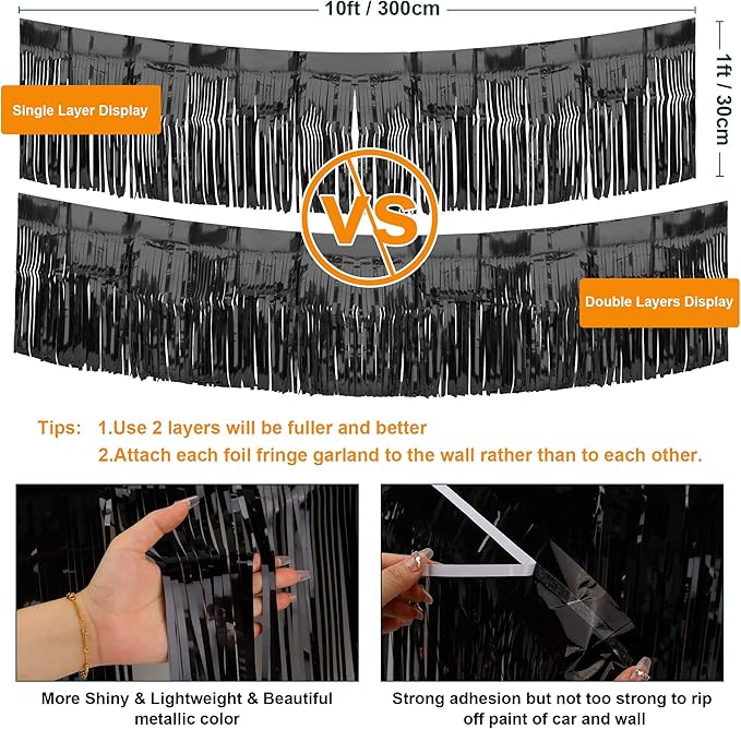 4 Pack Black Float Fringe Curtains, Metallic Foil Fringe Garland Shiny Tassel - Image 2