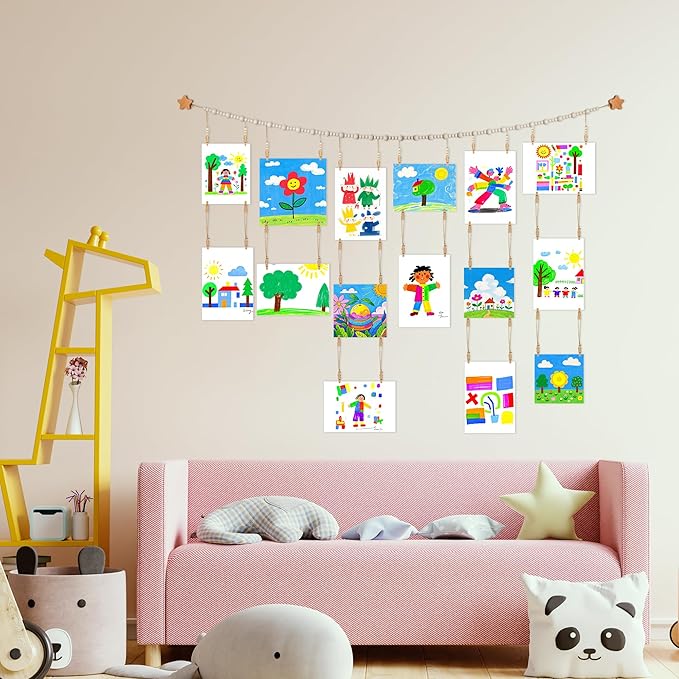 KOLLIEE Kids Artwork Display Art Wall Decor 4.93ft Boho Wooden Beaded Garland - Image 7