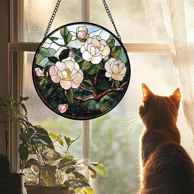 Stained Glass Suncatcher, Light Pink Flowers Green Leaf Sun Catcher Plant Stain - Image 2