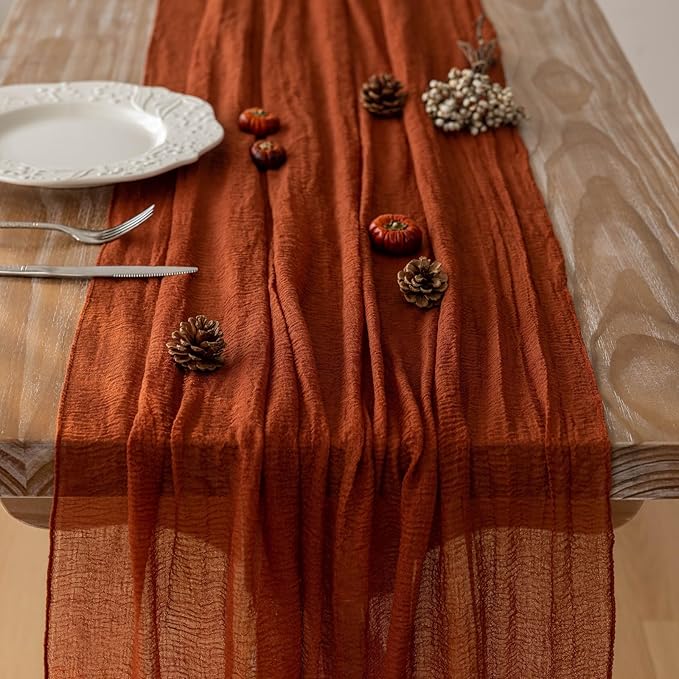 Keketo Fall Thanksgiving Table Runner Terracotta Rust Gauze 120 Inch 10 FT - Image 3