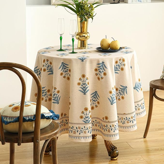 ISAENNE Designer French Pale Yellow Round Tablecloth, Linen Floral Table Cloth - Image 6