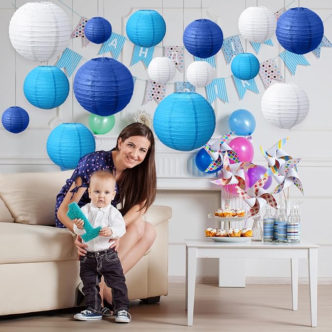 Riakrum 16 Pcs Blue and White Paper Lanterns Birthday Party Decorations Mixed - Image 7
