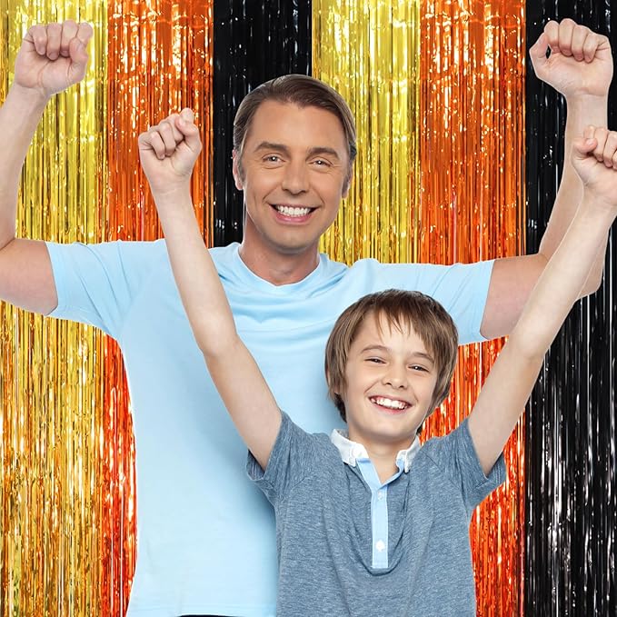 2 Pack Black Gold Orange Foil Fringe Backdrop Curtains, Tinsel Streamers Party - Image 6