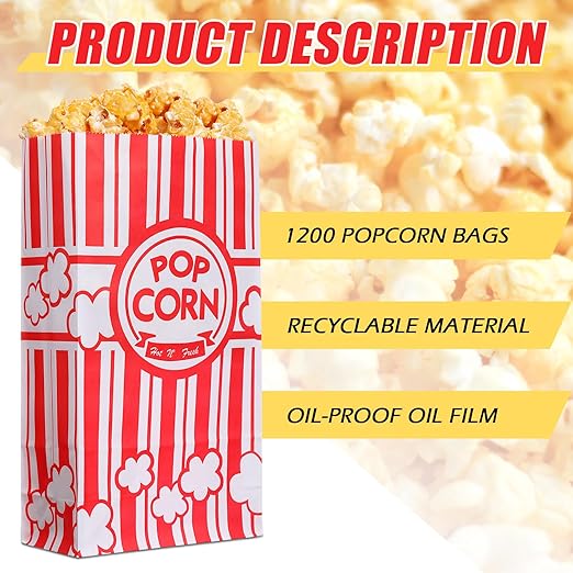 1200 Pcs Paper Popcorn Bags Bulk 2 oz Large Flat Bottom Boxes Red and White - Image 2