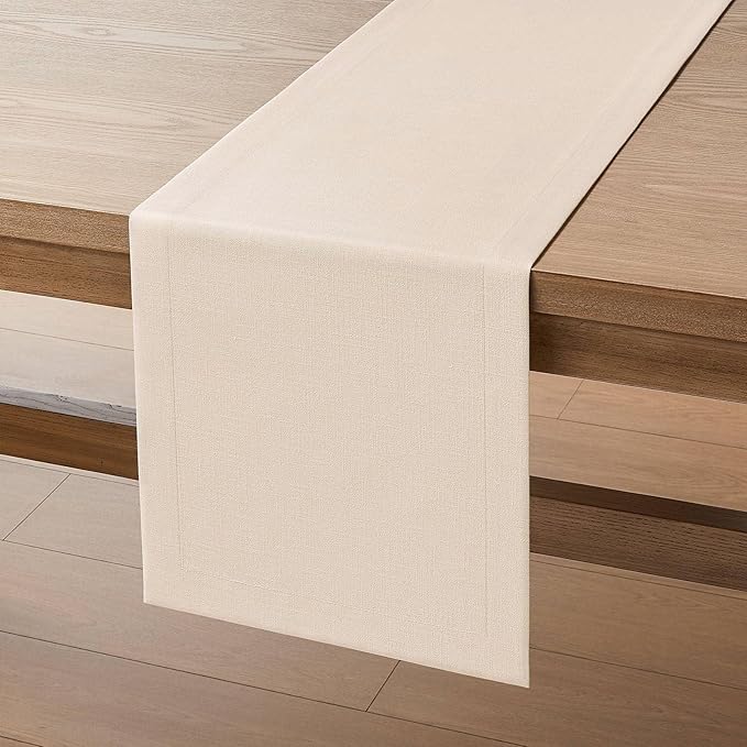 ZeeMart Linen Textured Border Table Runner, 14 x 108 Inch Cream, Farmhouse - Image 7
