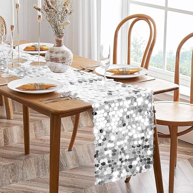 VHH Sequin Table Runner 12 x 108 inches Silver Table Runner, Glitter Runner - Image 3