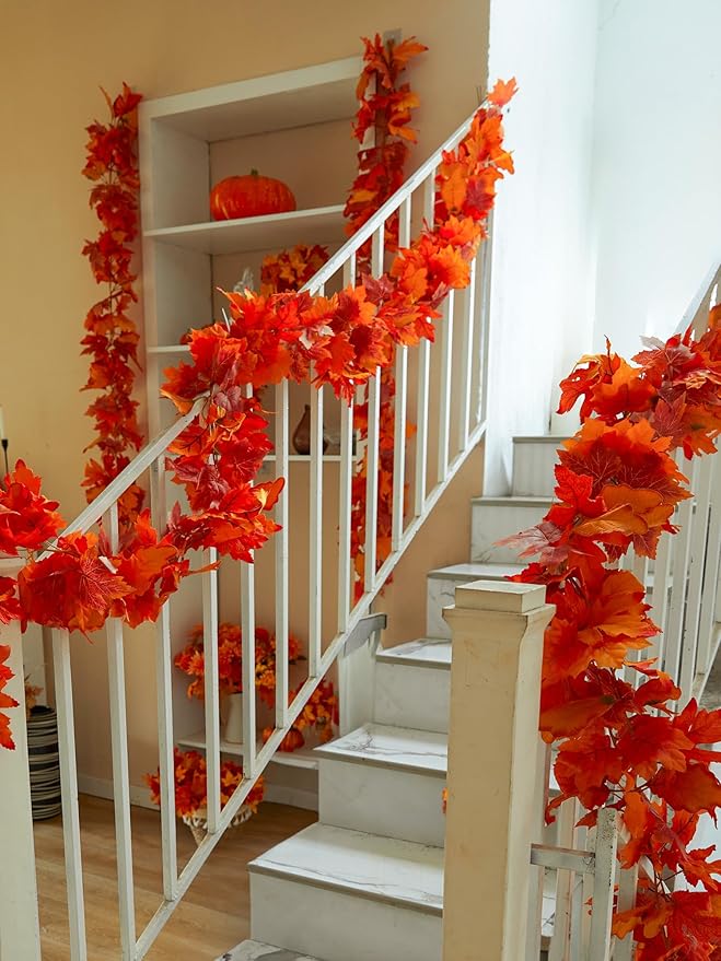 PARTY JOY 6PCS Orange Leaf Garland, 5.6Ft Halloween Garland Artificial Maple - Image 8