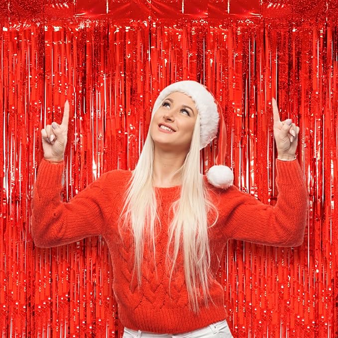2 Pack Red Tinsel Foil Fringe Curtains, Metallic Tinsel Party Streamers Backdrop - Image 7