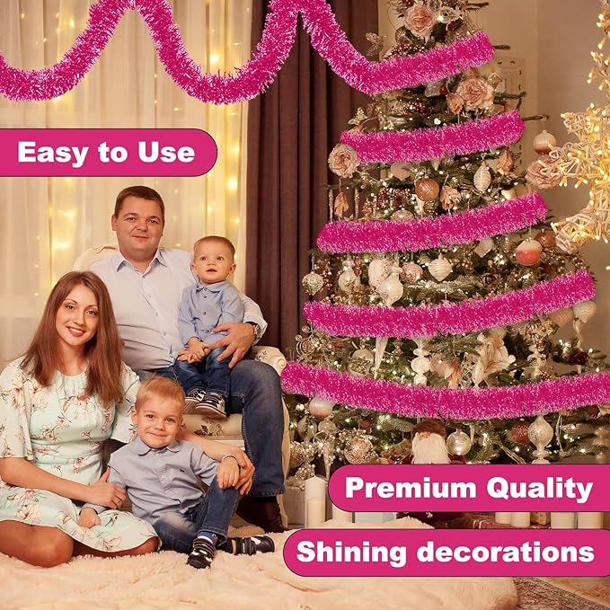 50 Feet Pink Christmas Tinsel Garland, Metallic Foil Twist Banner Wall Hanging - Image 4