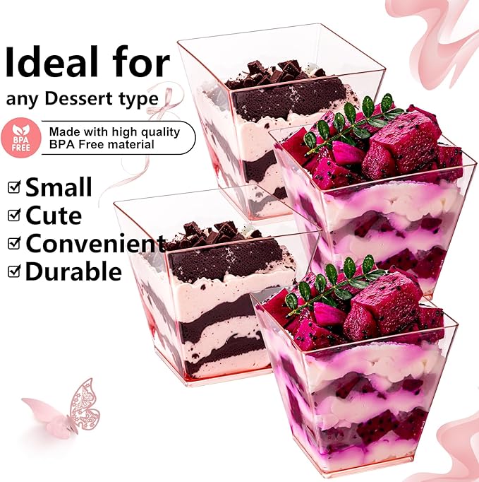 YOUBET 102 PCS Plastic Dessert Cups - 8oz Pink Clear Square Cups - 51 Pack Mini - Image 3