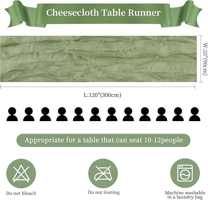 12 Pack Sage Green Cheesecloth Table Runner 10FT Long Boho Gauze Table Runner - Image 2