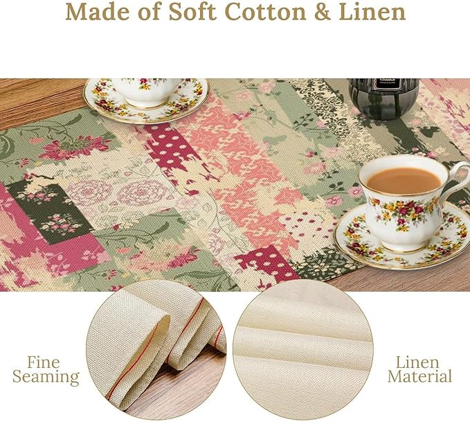 Patchwork Flower Table Runner, Abstract Colorful Floral Retro Style Hand Drawn - Image 3