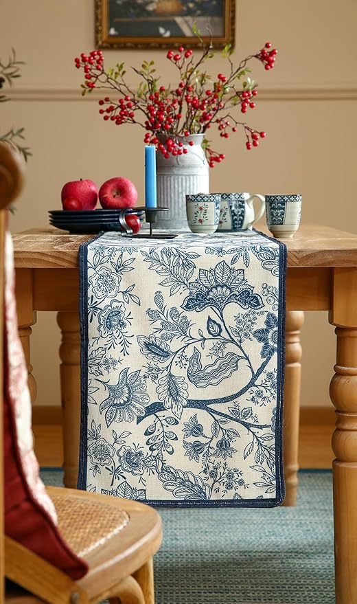 ISAENNE Designer Chinoiserie Elegant Linen Table Runner 102 Inches Long - Image 6