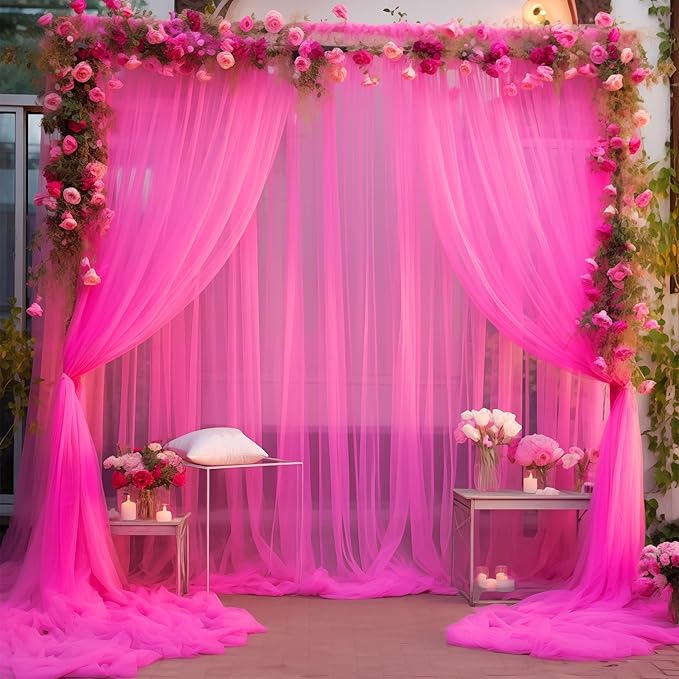 20x10 Hot Pink Tulle Backdrop Curtains by WishCare