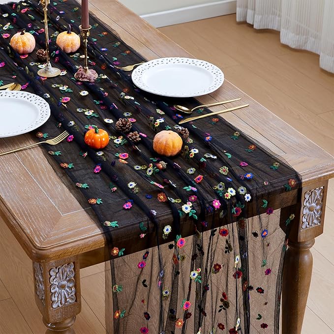 JIALE Black Floral Table Runner, Embroidery Daisy Seasonal Table Decorations by JIALE